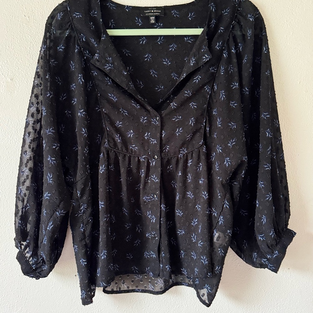 LUCKY BRAND Floral Peplum Sheer Peasant Chiffon Blouse Button Up Black Size M - Picture 2 of 15